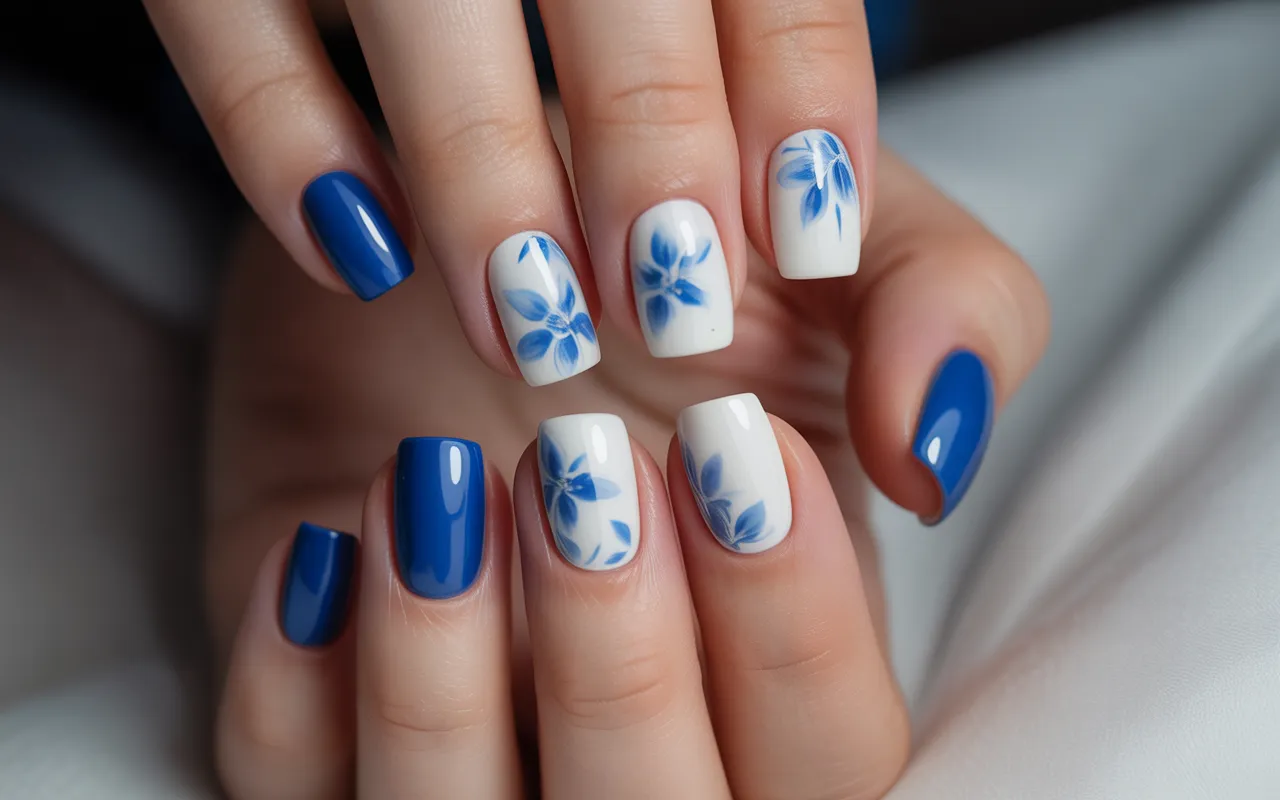 Blue and white nails